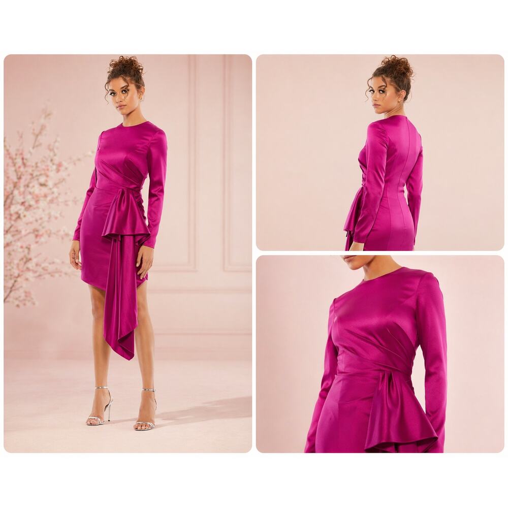 leena for Mac Duggal 26644 Asymmetrical Draped Long Sleeve Mini Dress Size 4